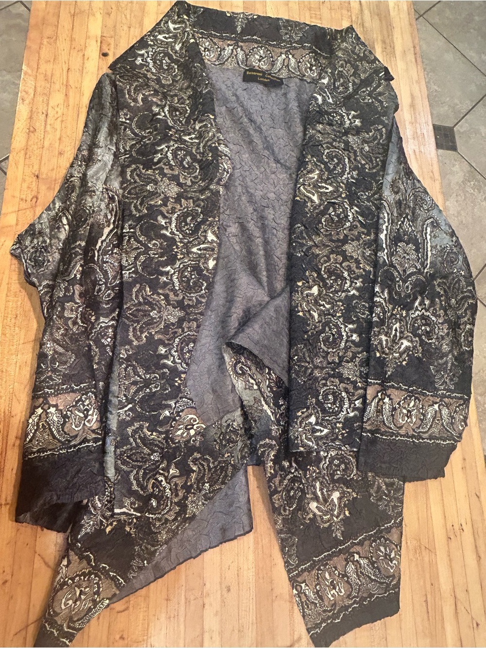 Open-Front Metallic Paisley Cardigan Sweater - Gray